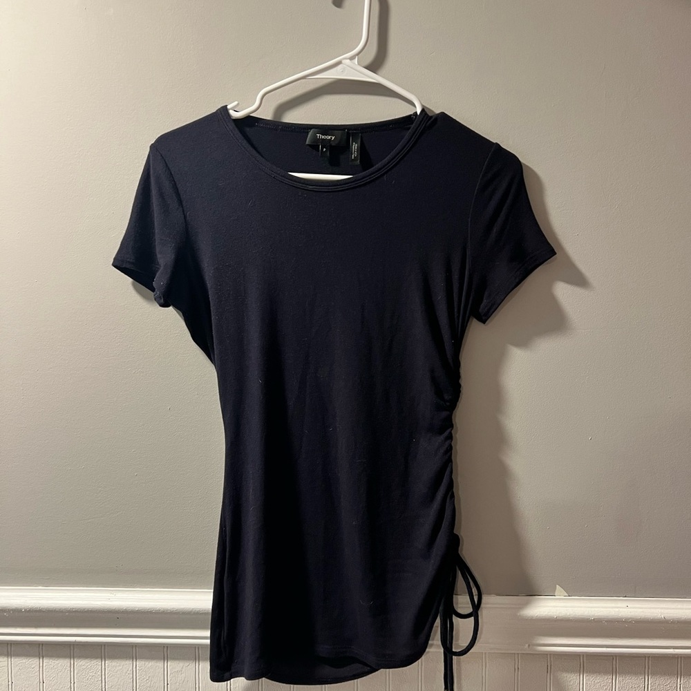 Theory Jilaena T Side Ruched Ribbed Tee Navy Blue Small